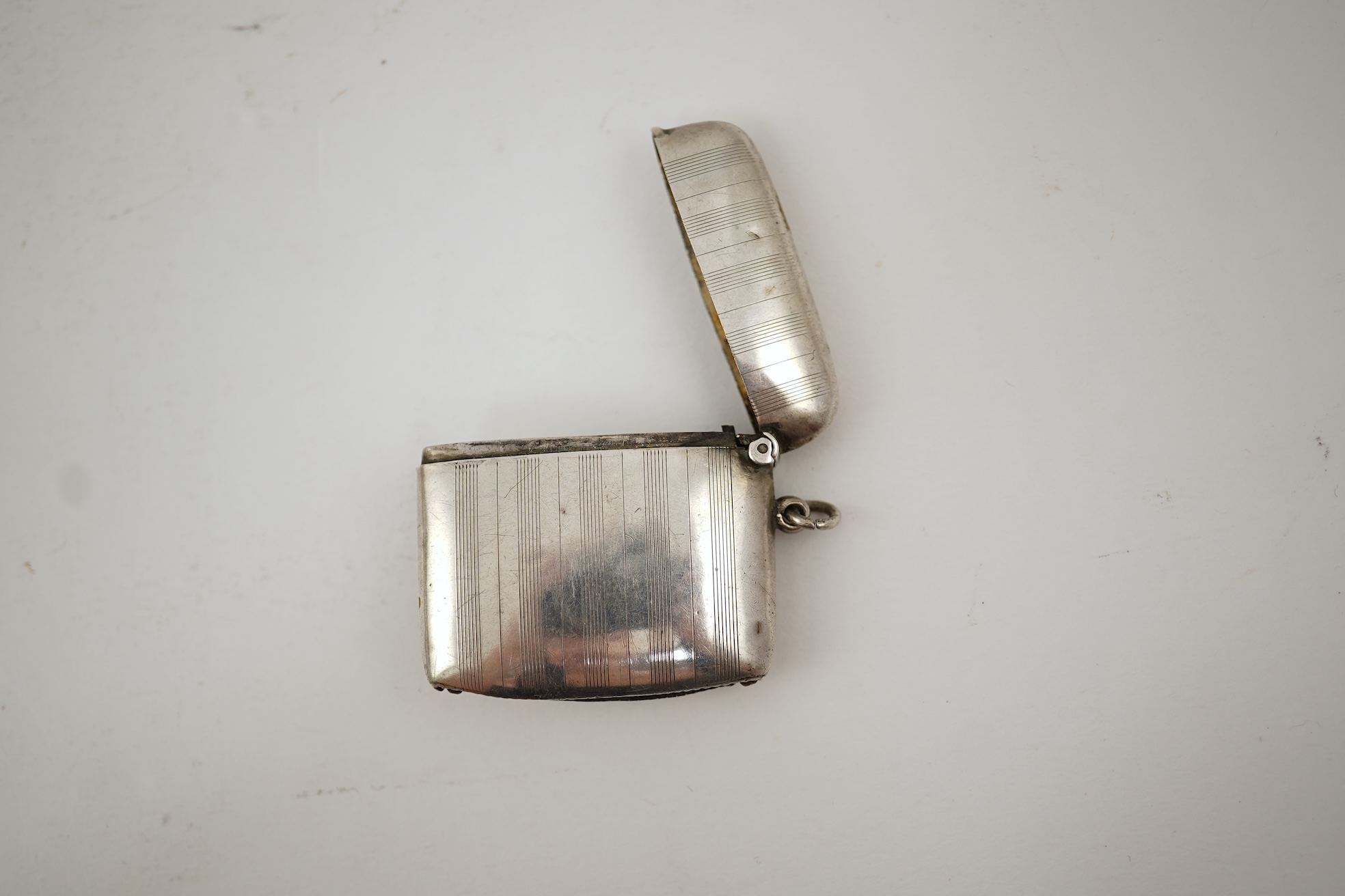 A George V silver and enamel vesta case, by Henry Hyde Aston, the inset circular enamel plaque decorated with a French bulldog